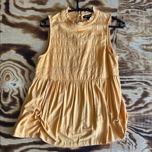 Cable & Gauge Yellow Sleeveless Blouse with Pleated Mandarin Collar